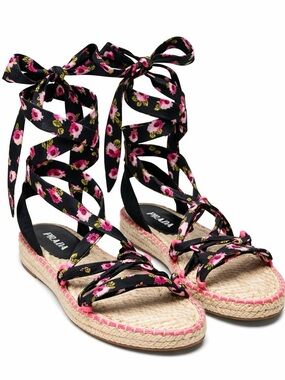 Authentic Prada Black Floral Satin Lace-Up Espadrille Sandals
